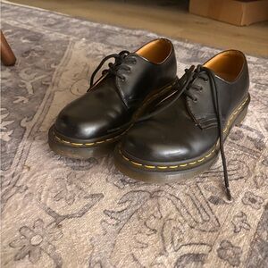 Dr. Martens Black Leather Oxfords with Yellow Stitching